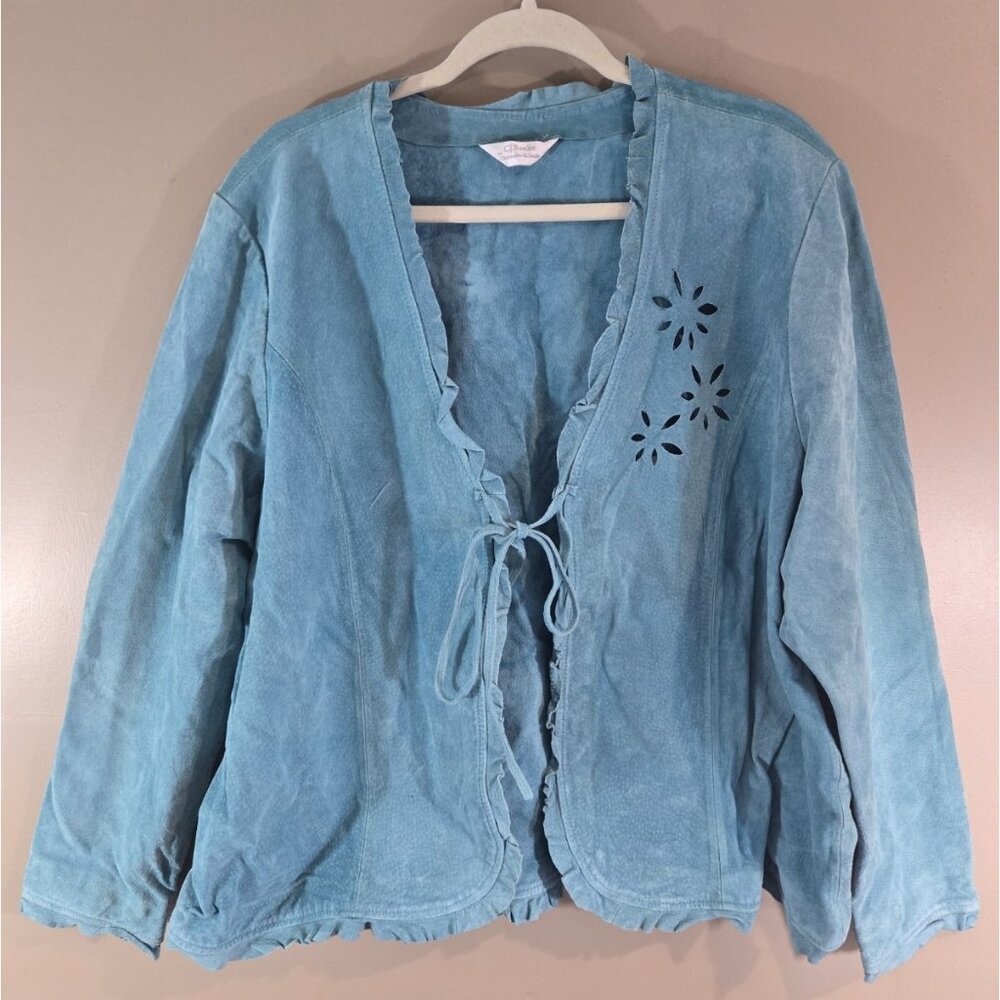 C. J. Banks Leather Teal Tie Front Blazer Cardigan Sz 2X Office Career Church